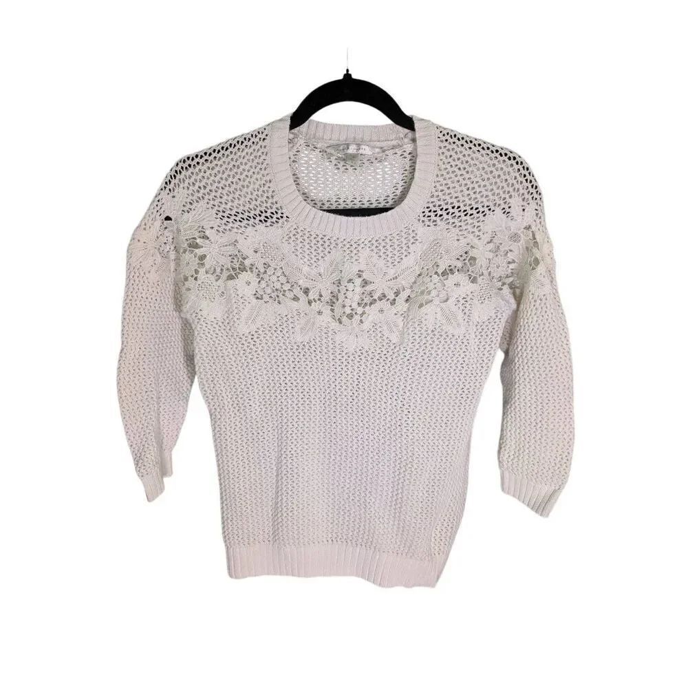 LC Lauren Conrad LACE PIECED OPEN STITCH SWEATER, Floral Lace Inset Ivory Women'